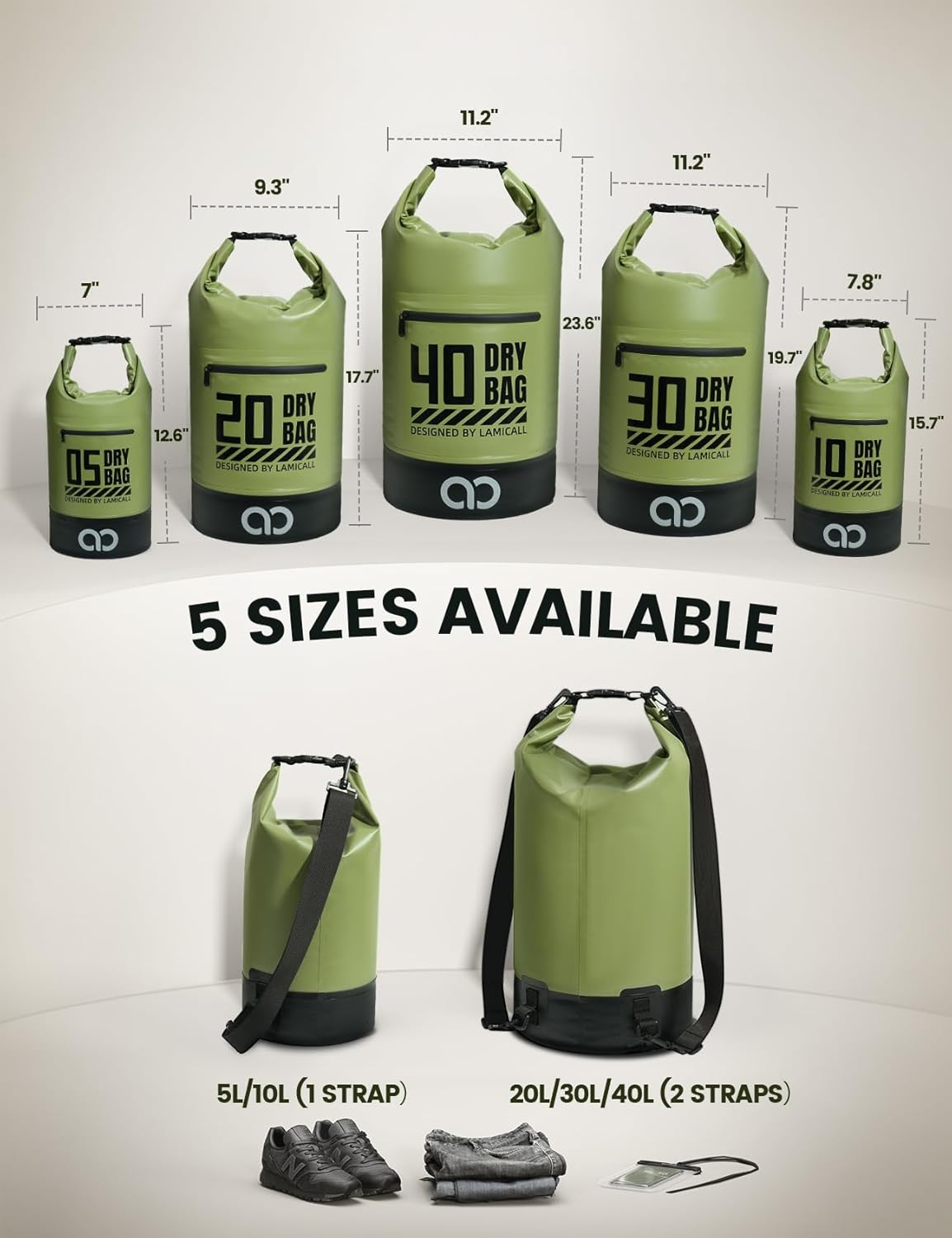 Lamicall Dry Bag Waterproof Backpack - [Zippered Pocket] 5L/10L/20L/30L/40L Roll Top Waterproof Bag with Water Proof Phone Pouch, Floatable Drybag for Swimming, Boating, Kayaking, Camping, Beach