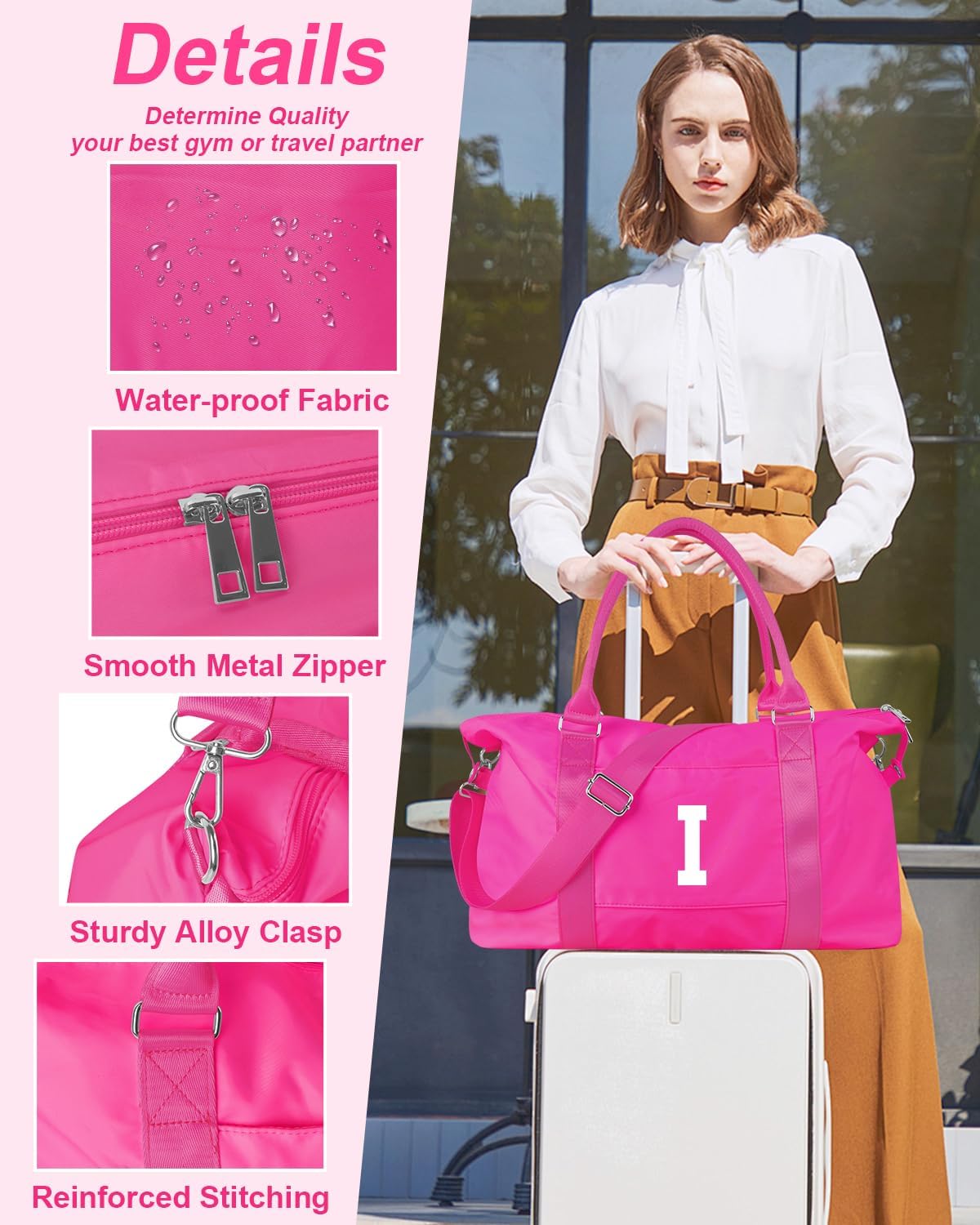 Overnight Bag for Kids Teen Girls Weekender Dance Bag Birthday Graduation Gifts,Initial Travel Duffel Bag Sports Gym Bag Personalized Weekender Bag Carry On Bags Preppy Gifts for Women(Hot Pink, I)