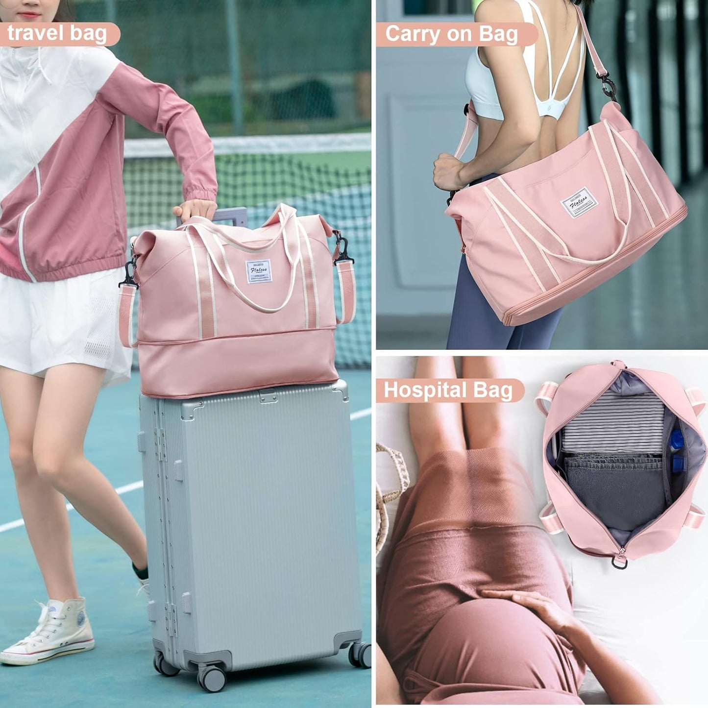 Travel Duffel Bag, Sports Tote Gym Bag, Shoulder Weekender Overnight Bag for Women