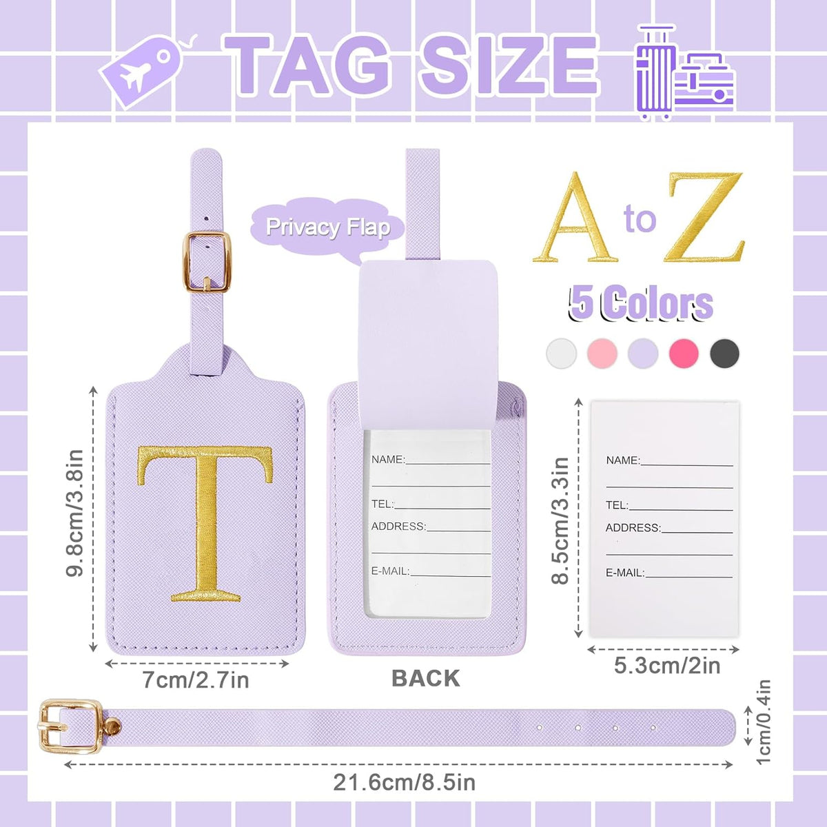 Personalized Initial Luggage Tags for Suitcase, Purple Leather Cute Luggage Tags with Privacy Cover Name Card, Embroidered Custom Monogrammed Luggage Tag Travel Backpack Tags Gifts for Women Kids(T)