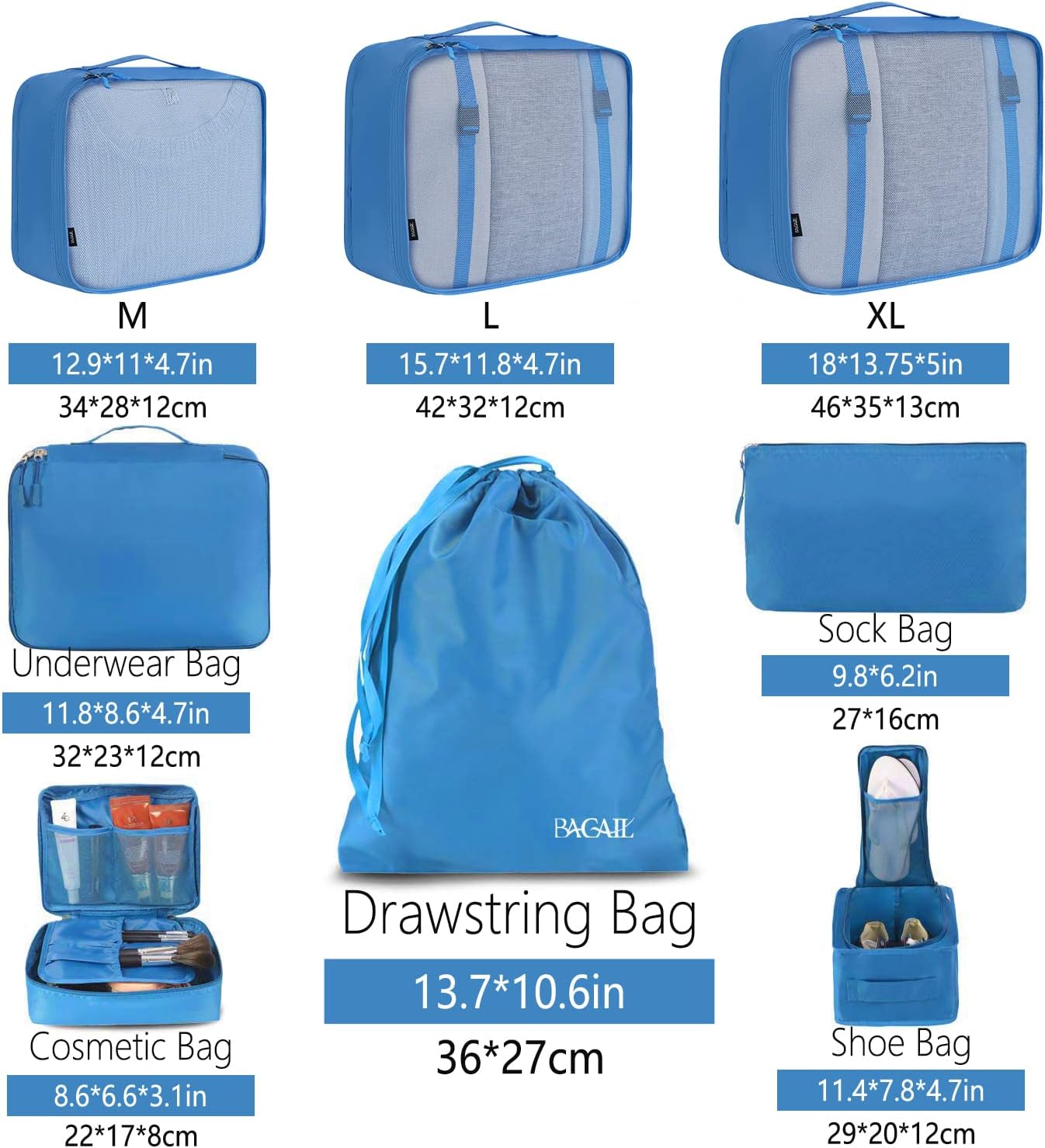 BAGAIL 8 Set Packing Cubes Luggage Packing Organizers for Travel Accessories-Light Blue