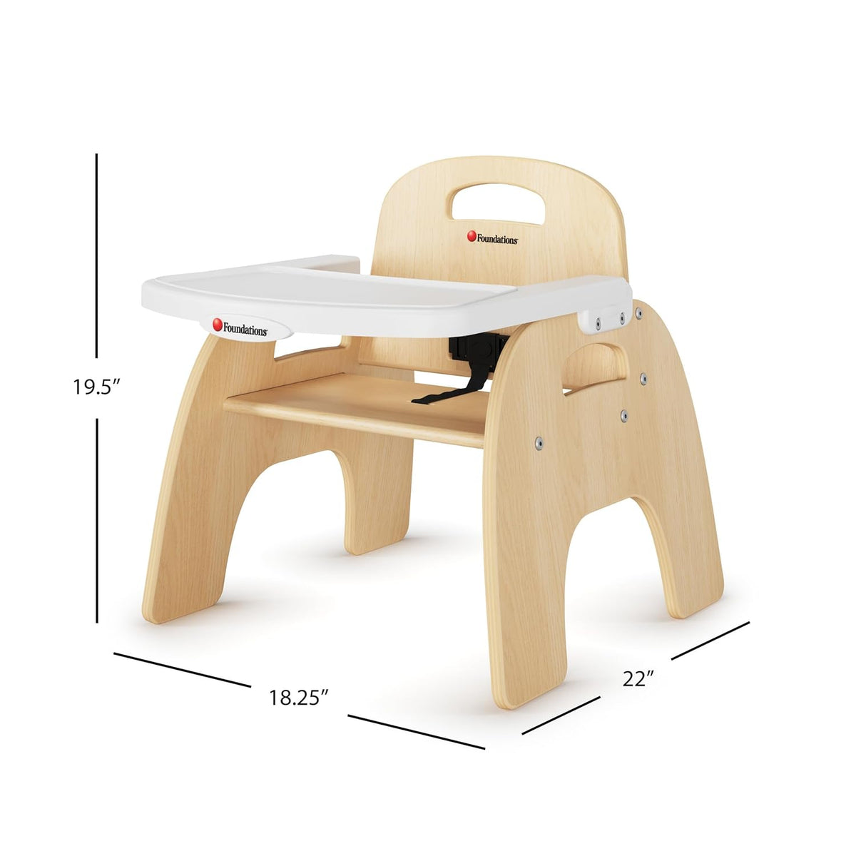 Foundations Easy Serve 9" Wood Feeding Chair for Toddlers, Adjustable Harness, Removable Dishwasher Safe Tray, “No Tip” Base, Baltic Birch Plywood