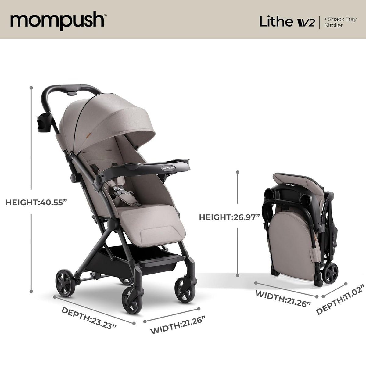 Mompush Lithe V2 Lightweight Travel Stroller, Compact Foldable Baby Stroller with Travel Bag, One-Hand Fold Stroller, Snack Tray, Mechanical Recline Seat, Airplane-Ready, Organizer & Rain Cover