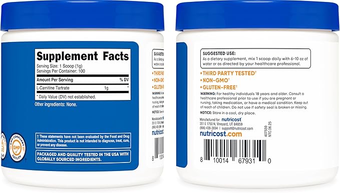 Nutricost L-Carnitine Tartrate Powder (100 Grams) - 1 Gram per Serving; 100 Servings