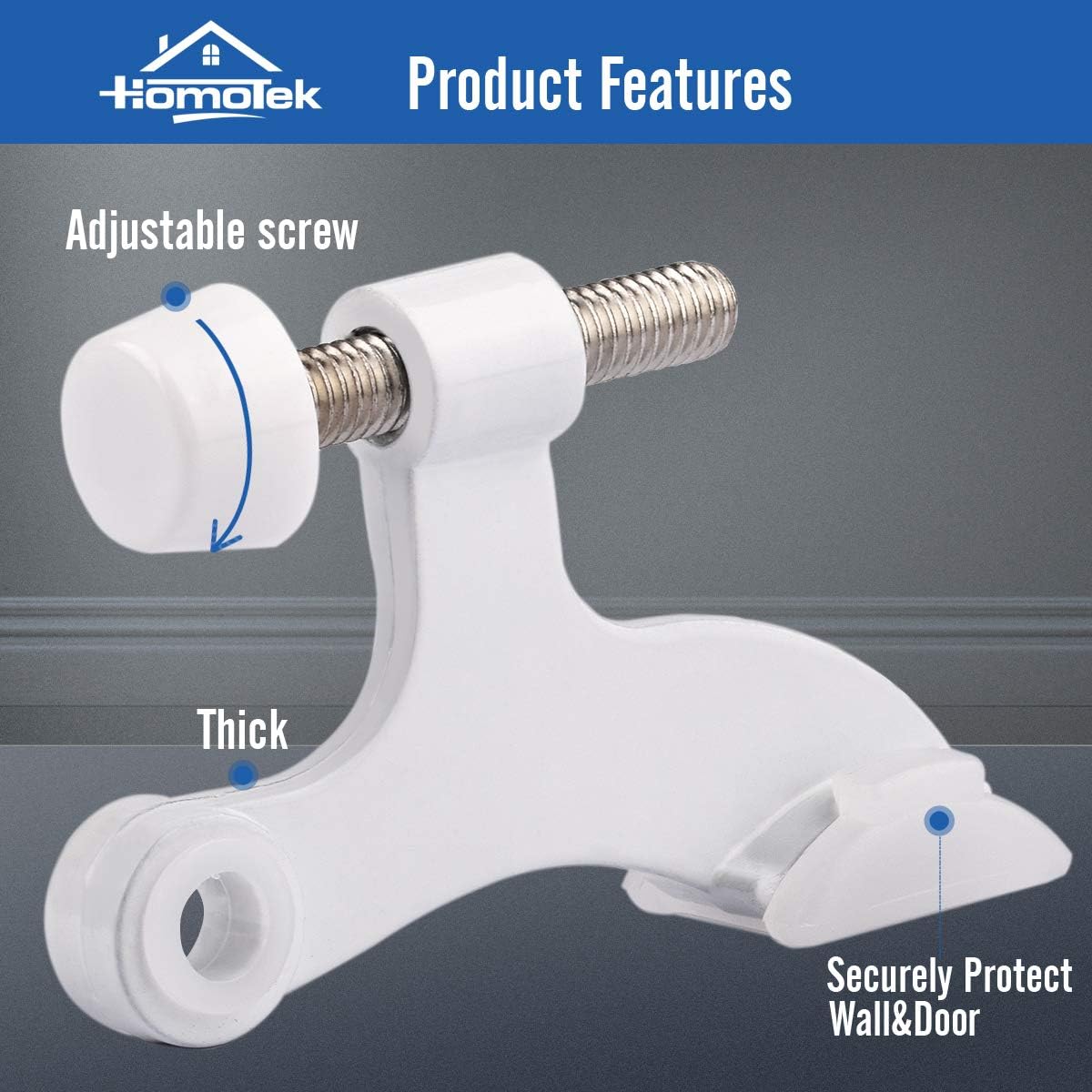 HOMOTEK 2 Pack Hinge Pin White Door Stopper,Adjustable Deluxe Heavy Duty Door Stopper 2-1/2"x1-3/4”,with White Rubber Bumper Tips