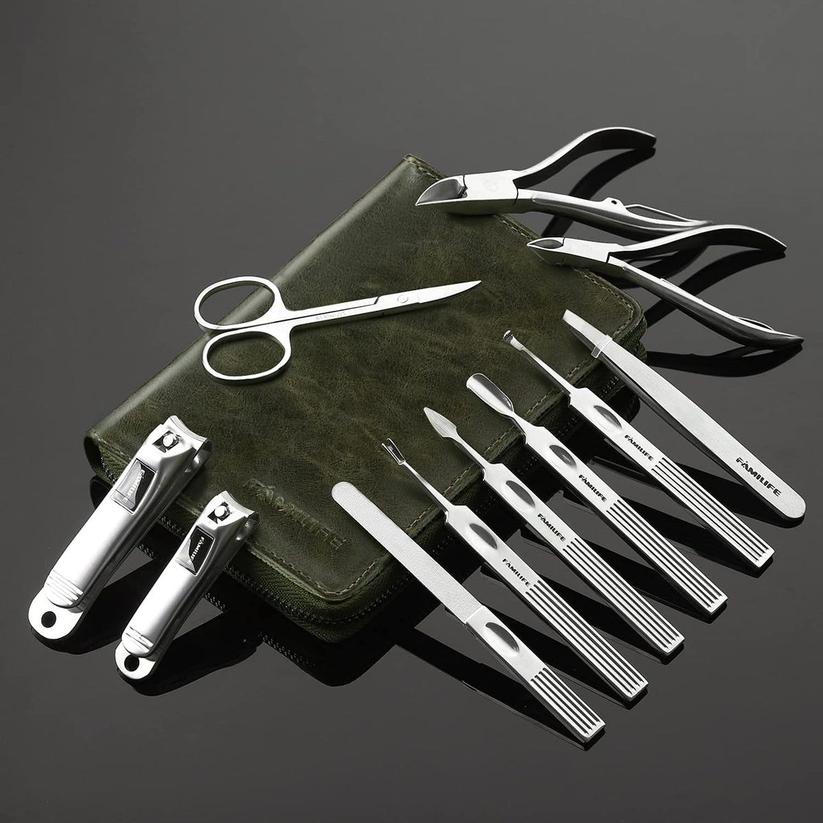 FAMILIFE Manicure Set, Professional Manicure Kit Nail Clippers Set 11 in 1 Stainless Steel Nail Pedicure Tools Kit Grooming Tool with Portable Green Leather Travel Case Luxury Gifts for Women and Men