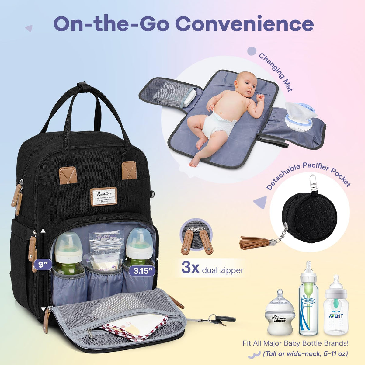 RUVALINO Diaper Bag Backpack, Multifunction Travel Pack Maternity Baby Changing Bags, Large Capacity, Waterproof, Black