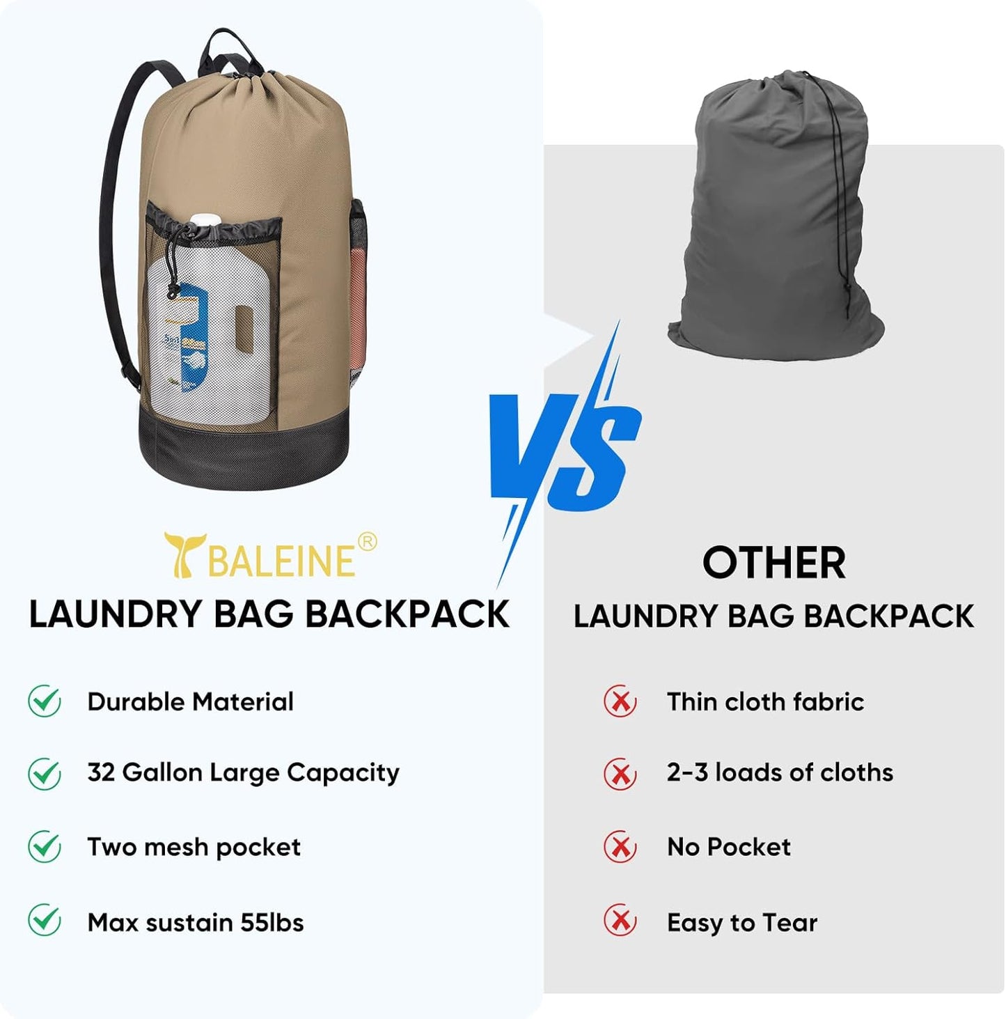 BALEINE 150L Laundry Bag Backpack, 900D Oxford Fabric Large Travel Laundry Bags with Shoulder Straps and 2 Mesh Pockets for College Dorm, Apartment, Laundromat (Khaki, 150L)
