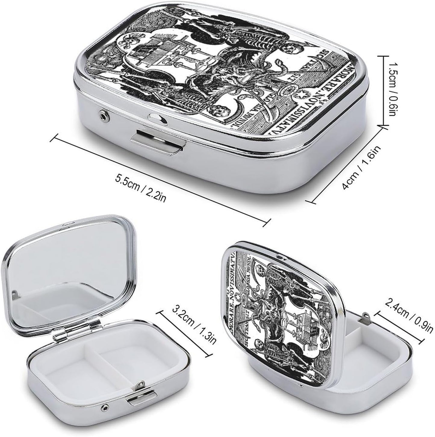 Metal 2 Compartment Pill Organizer Travel Friendly Portable Compact Pill Box Cute Pill Case to Hold Vitamins,Fish Oil,Supplements,Meds,Tablet for Purse,Pocket. (Skeleton Warrior)