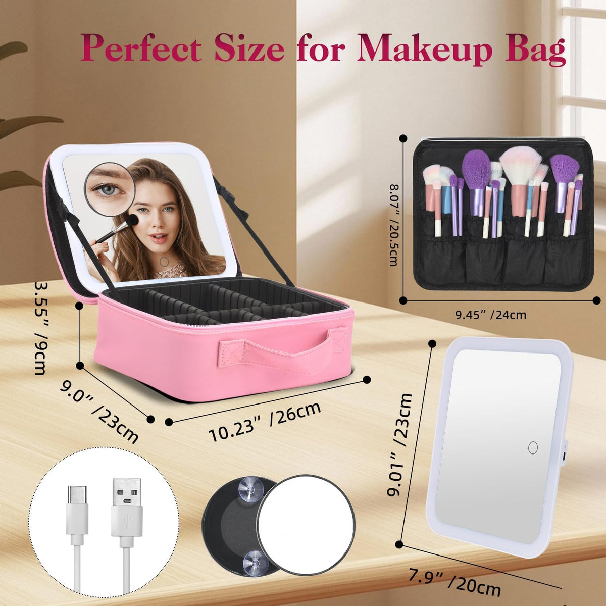 Travel Makeup Bag With LED Mirror,Makeup Travel Train Case with 3 Color Setting,Cosmetic Makeup Organizer Bag with Adjustable Dividers,Portable Make up Bag with Makeup Brush Holder Storage（Pink）