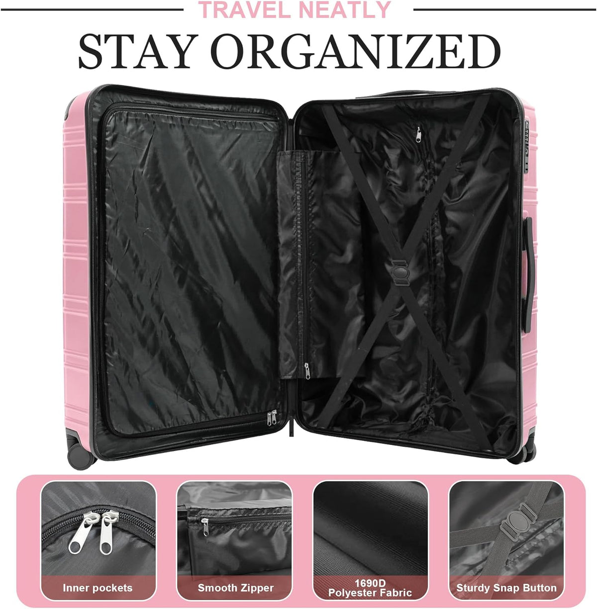 Luggage Sets 4 Piece, ABS PC Lightweight Suitcases with Wheels, Hardshell Luggage Sets Suitcase set with TSA Lock Pink (12in 20in 24in 28in)