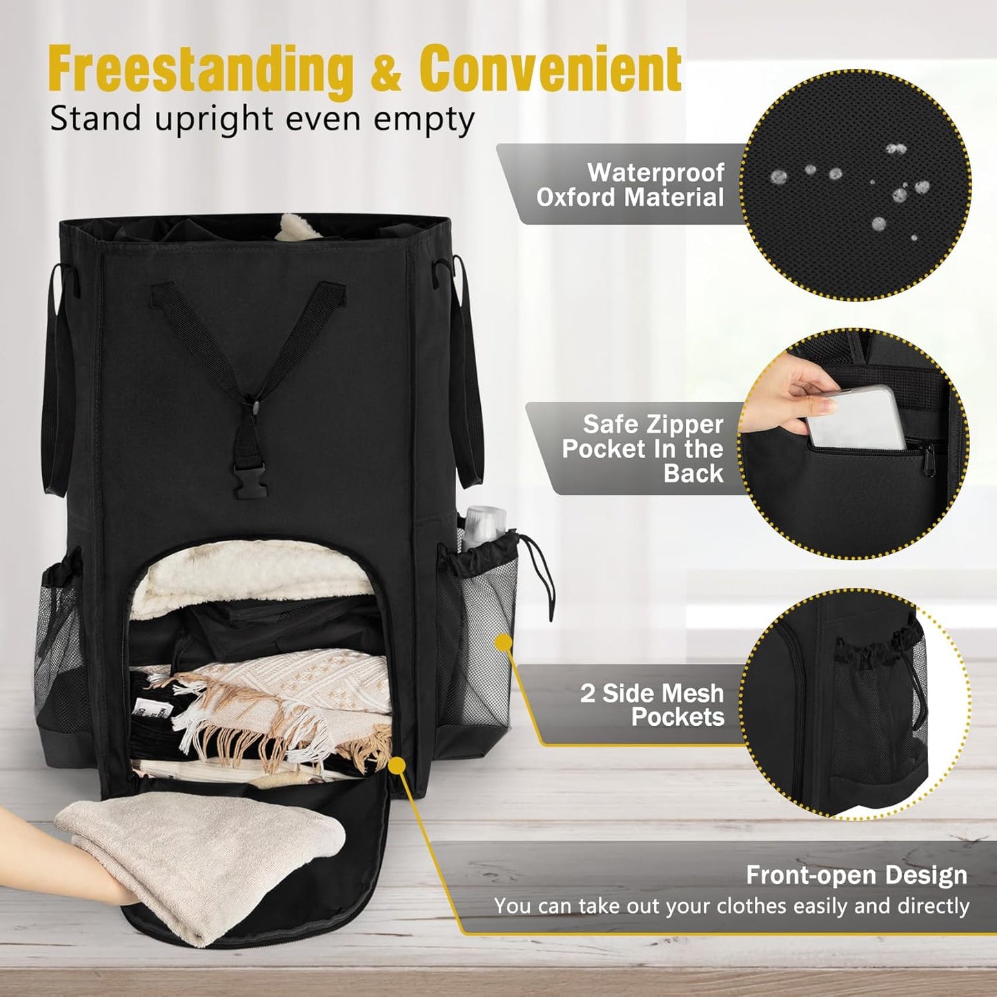 Laundry Bag Backpack Extra Large, 110L Laundry Backpack Heavy Duty with Shoulder Straps, Collapsible and Mesh Pocket Dorm Laundry Basket Hamper Bag for College, Travel, Laundromat, Apartment Black