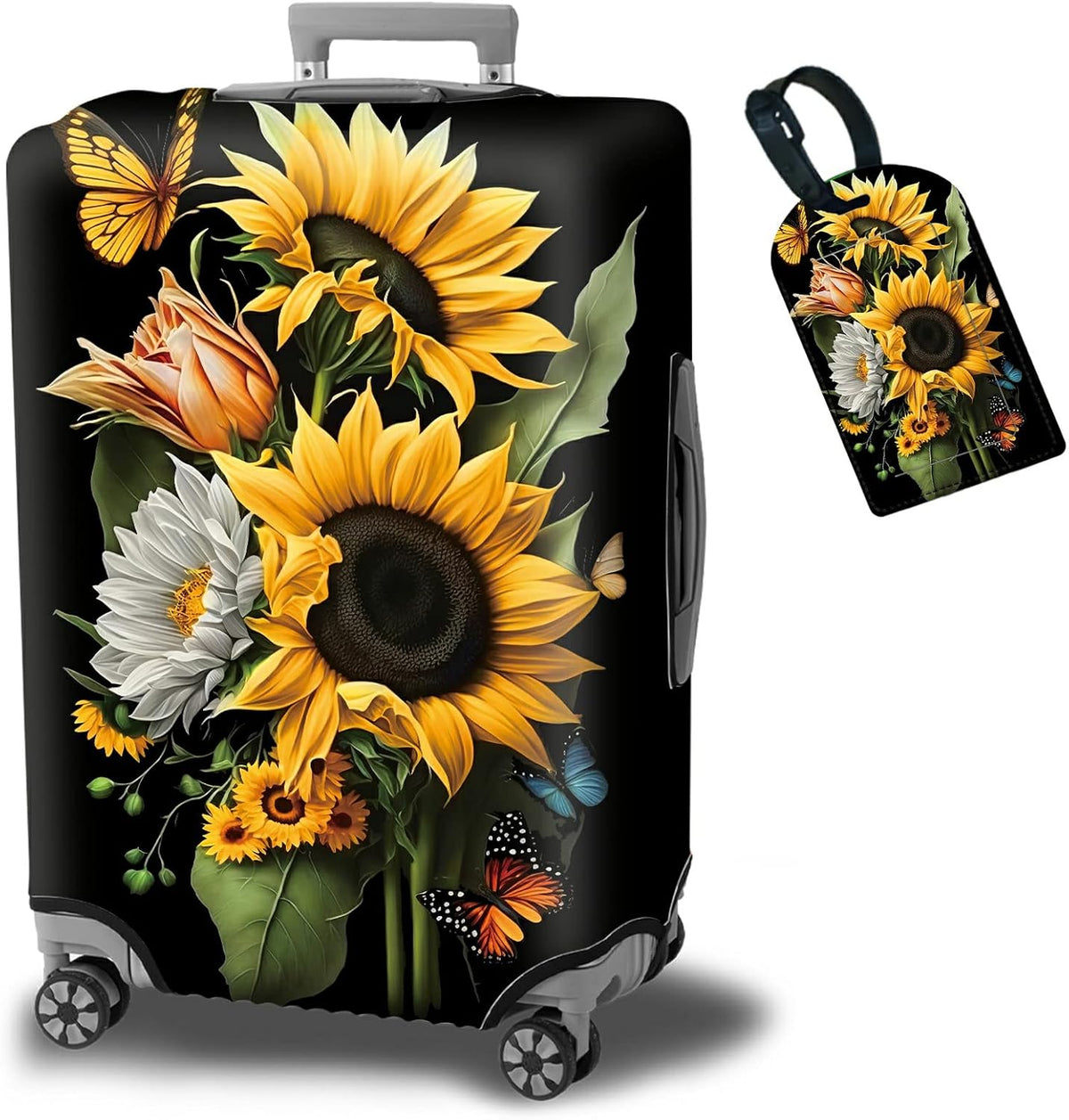 Suitcase Protector Plus 1 Luggage Tag, Sunflower Orchids Travel Cover for 26-28 inch Luggage with Concealed Zipper, Washable Elastic Cloth, Dustproof, Anti-Scratch