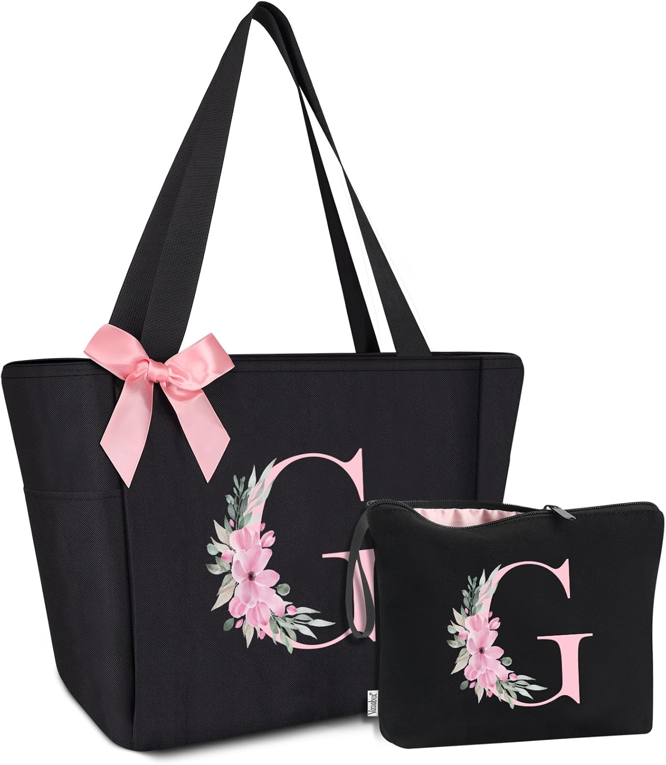 Vavabox Tote Bag, A-Z Initial Monogrammed Waterproof Tote Bag, Bridesmaid Gifts for Women, Black and Pink