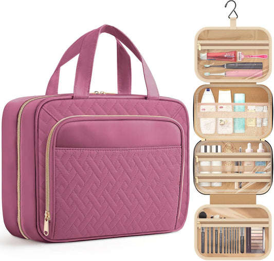 HOTOR Travel Toiletry Bag for Women & Men, Waterproof Makeup Bag with Hanging Hook and Multiple Pockets, Cosmetic Bags for Women, Travel Essentials, 12.6'' x 4.3'' x 9.9'', Rosewood-Pink