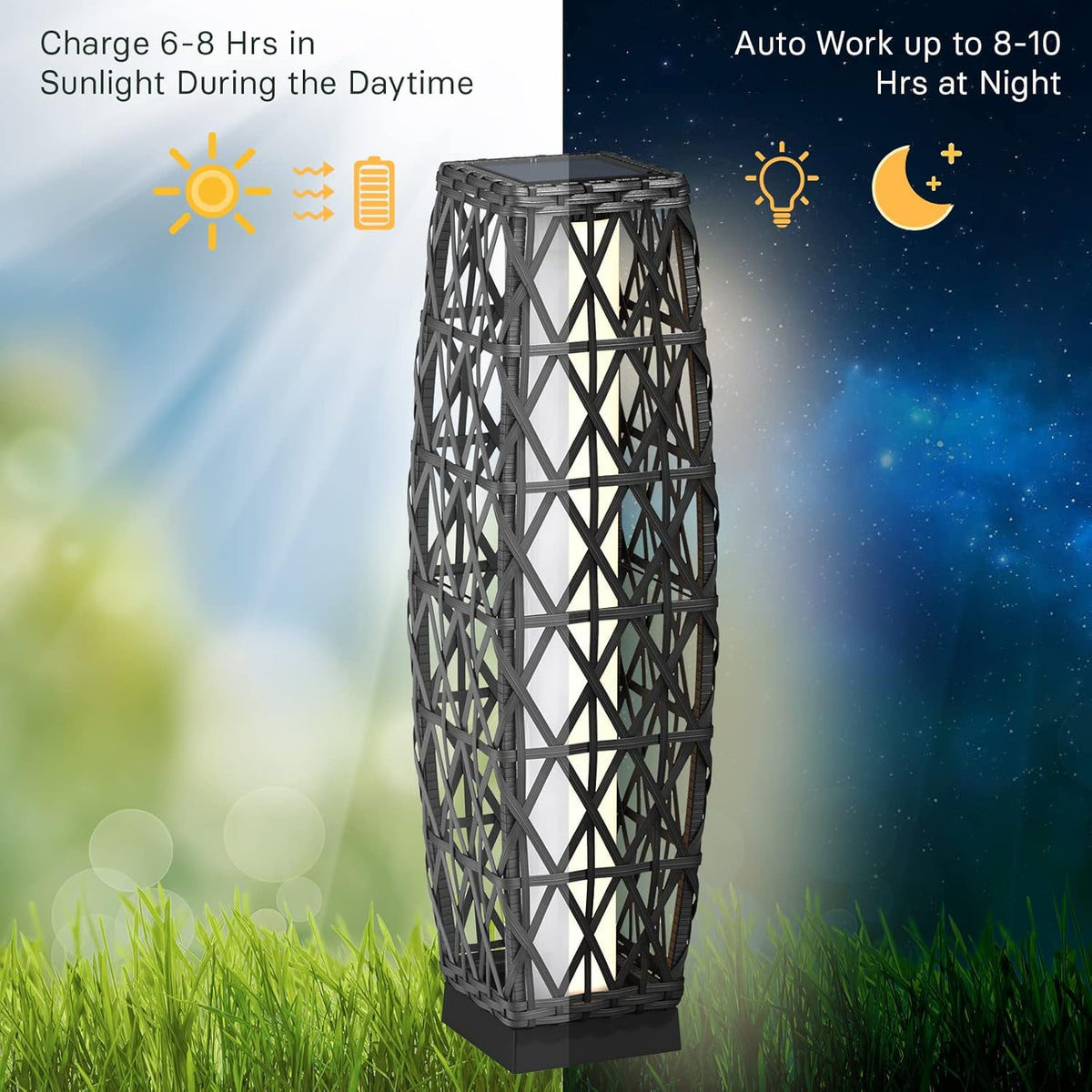 Grand patio Outdoor Solar Powered Wicker Floor Lamp Outdoor Weather-Resistant Deck Light for Garden Porch - Silver Gray, Large Cindy
