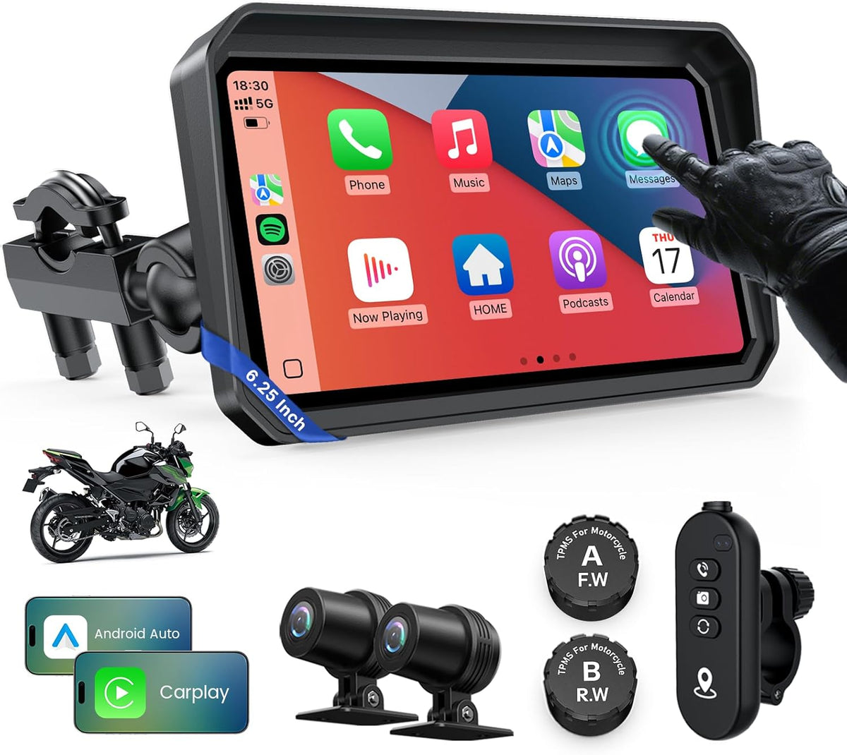 WonVon 6.25 Inch Wireless Motorcycle Carplay GPS Navigation System with Apple Carplay and Android Auto Portable Screen with Dual Bluetooth, Navigation, Siri, Google Assistant