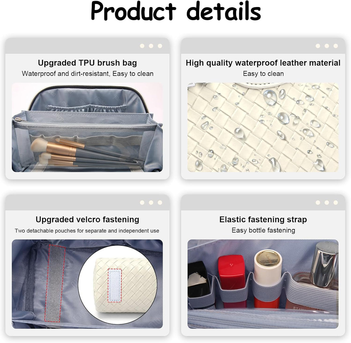 BOYATU Travel Makeup Bags for Women: Large Cosmetic Bag - Vegan Leather Make up Bags Set of 3 - Protable Toiletry Bag Compact Organizer with Compartments (L09 Beige)