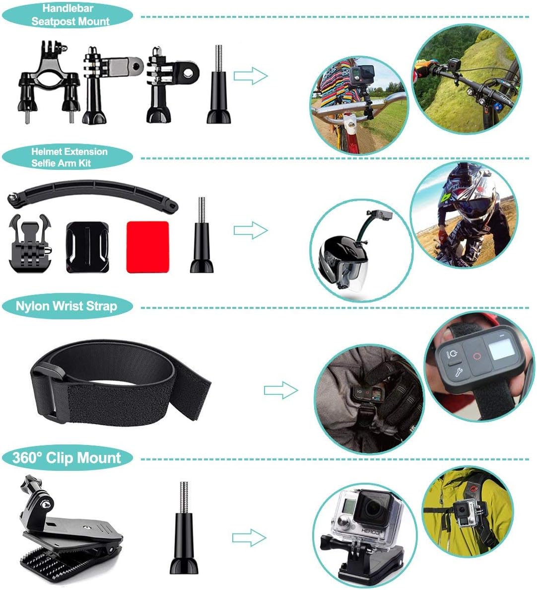 61 in 1 Action Camera Accessories Kit for GoPro Hero 13 12 11 10 9 8 7 6, Gopro Max, GoPro Fusion, Xiaomi, Insta360, DJI Osmo Action, AKASO APEMAN, Campark, SJCAM