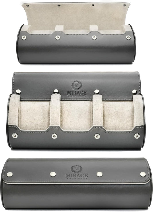 Watch Travel Case for Men - Mirage Watch Roll Storage and Display 3 slots - Slate Grey/Ivory White Interior Vegan Leather