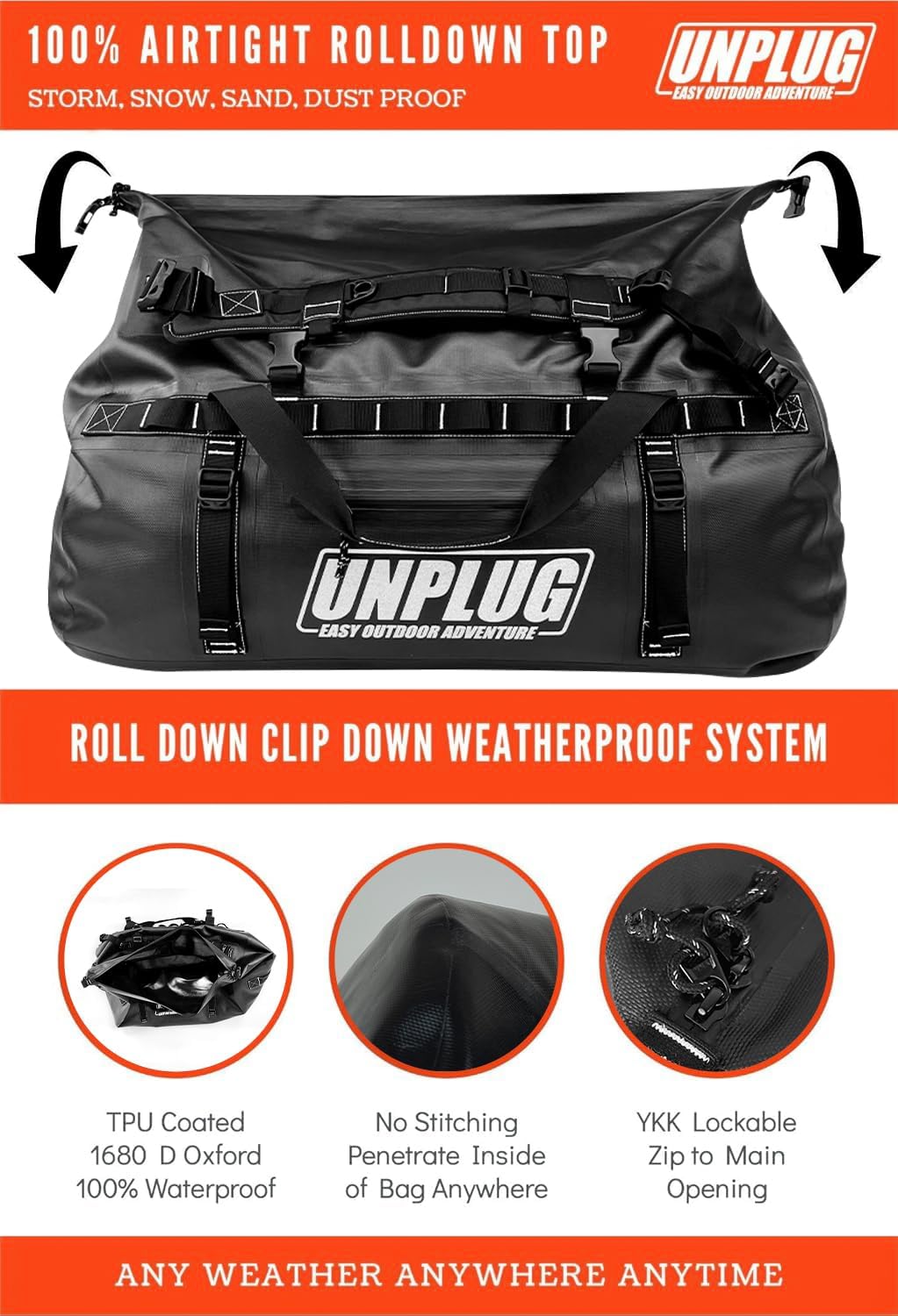 Duffel Bag, Storm Grey, Waterproof, 1680D Heavy Duty, Tactical Duffle Bag for Travel, Camping, Motorcycle, Hunting, Boating