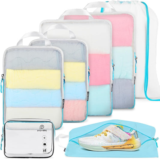 Lightweight Compression Packing Cubes for Suitcases, Compressible Expandable Travel Packing Organizer with Clear Toiletries and Backpack Bag, Travel Essentials for Carry on Luggage 7 Set