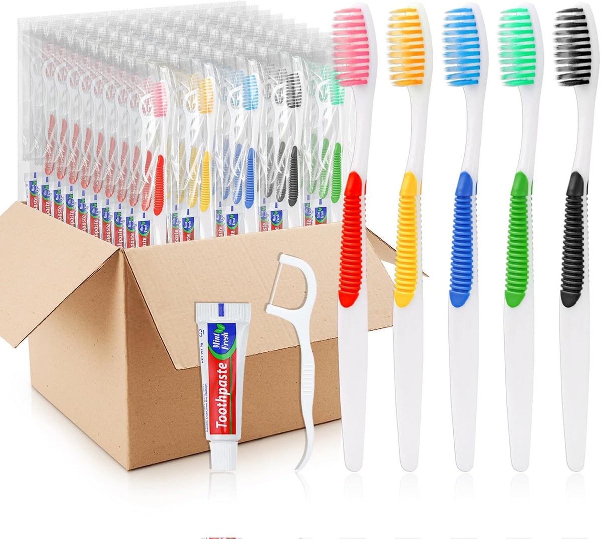 Disposable Toothbrushes with Toothpaste and Floss,200pcs Single Use Individually Wrapped Disposable Travel Toothbrushes and Dental Floss Kit Bulk for Homeless,Airbnb,Dentist,Hotel(5 Colors)