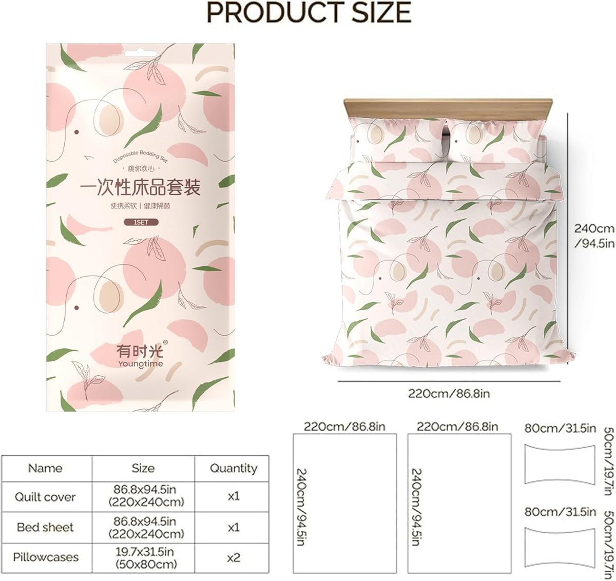 YOUNGTIME Disposable Bed Sheets Fitted Sheet,Disposable Portable Bedding Set with Bed Sheet Quilt Cover and Pillowcase for Travel Hotel SPA,Peach