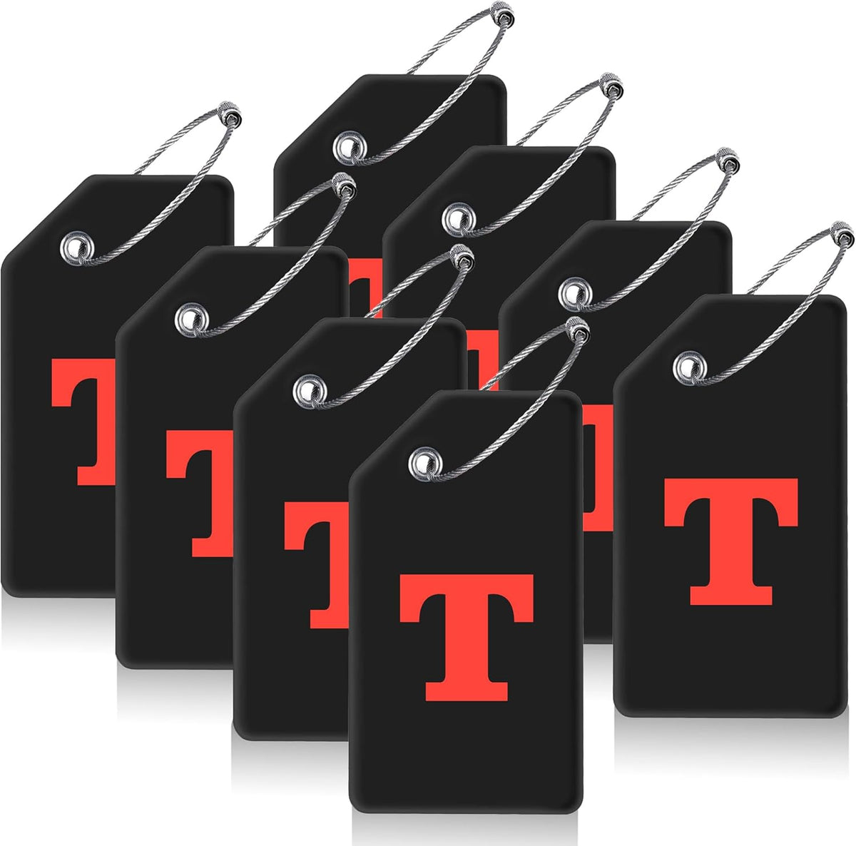 8 Pcs Luggage Tags for Suitcases, 26 Initial Letter Travel Luggage Baggage Identification Labels ID Tags Fully Bendable Tags with Stainless Steel Loop (Letter T, Black)