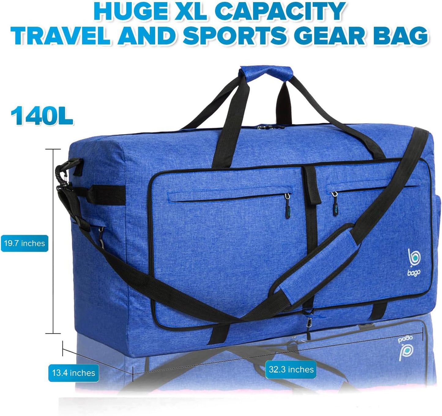 Bago Big XXL Foldable Duffel Bags for Traveling Women & Men - 140L Packable Duffle Bag for Travel with Shoe Compartment - Water Repellant, Heavy Duty, Lightweight Folding & Collapsible (SnowDepBlue)