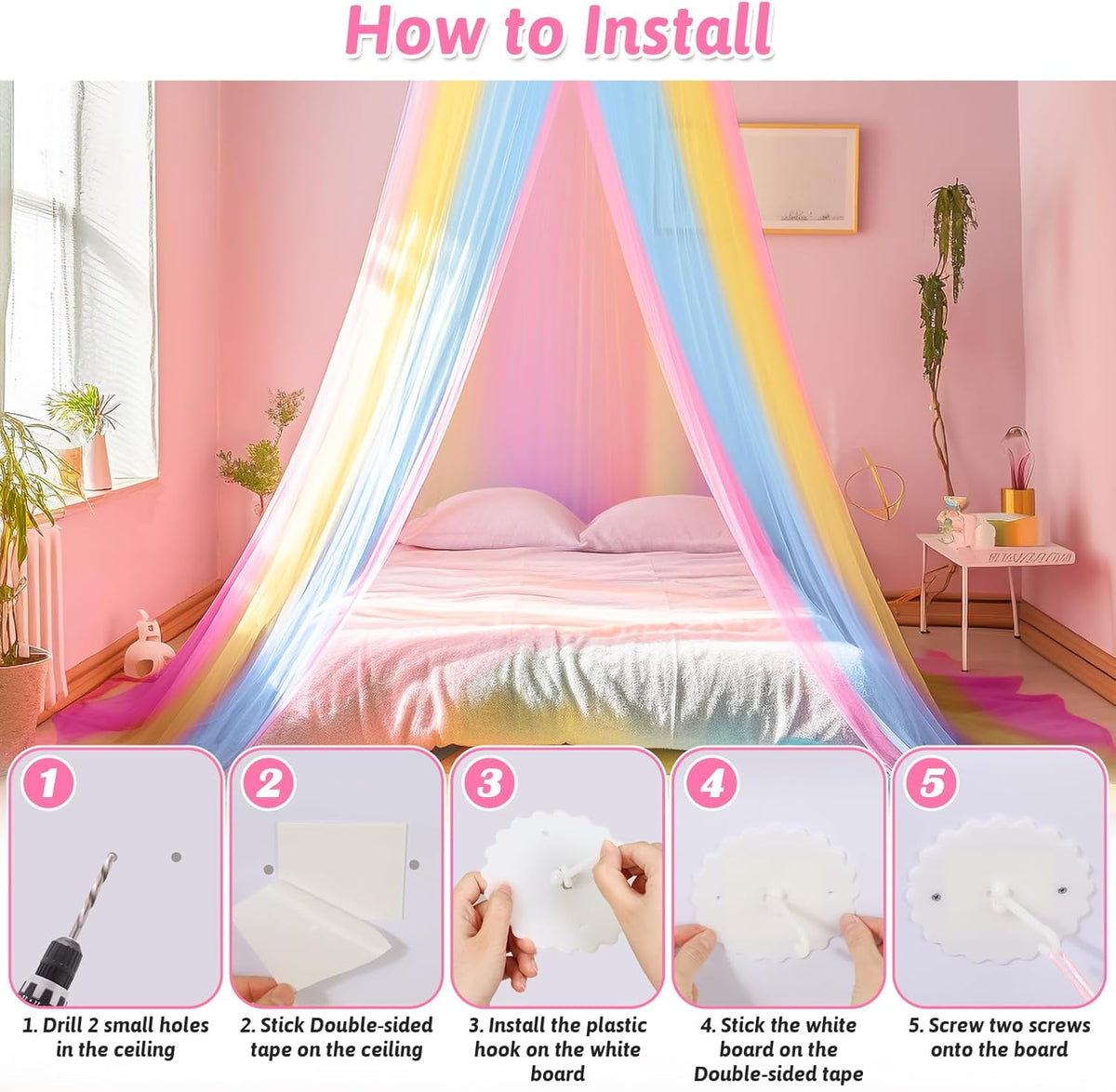 Mosquito Net for Bed, Large White Bed Canopy for Girls, Hanging Bed Net, Ideal for Bedroom Decorative, Travel with Storage Bag (Rainbow1)