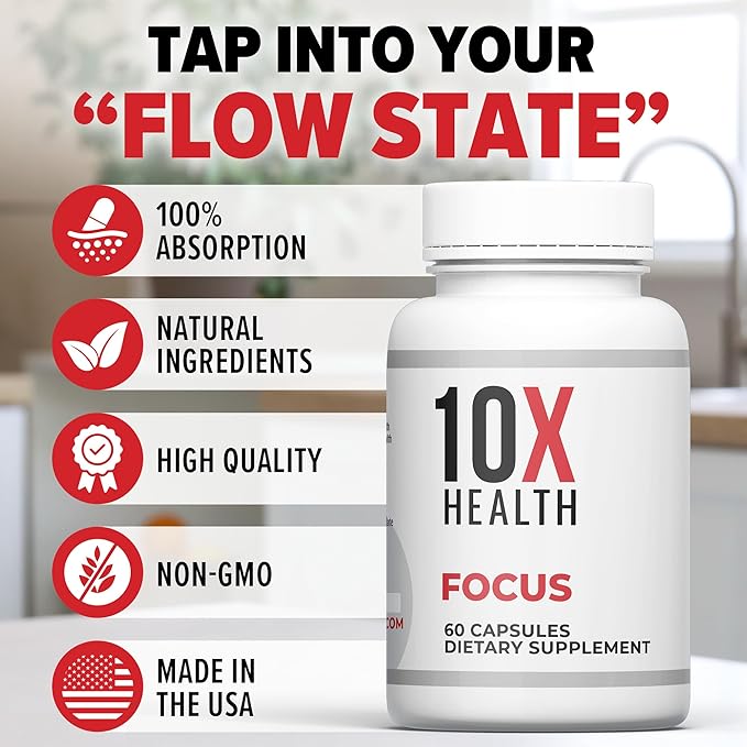 10X Health Focus Rhodiola Rosea - Brain Supplements for Memory and Focus - 60 Capsules Focus Supplement, Memory Supplement for Brain Health with Ginkgo Biloba, Huperzine A - Ginkgo Biloba Capsules