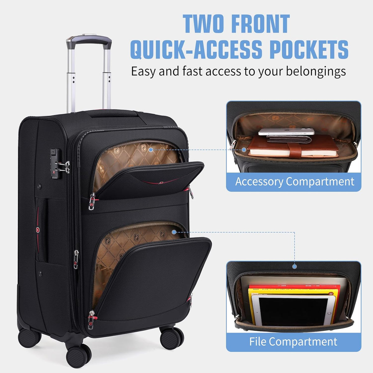 Softside Expandable Luggage with 4 Spinner Wheels, Durable Checked-Luggage Suicase (Black, 3-Piece Set 21/25/29)