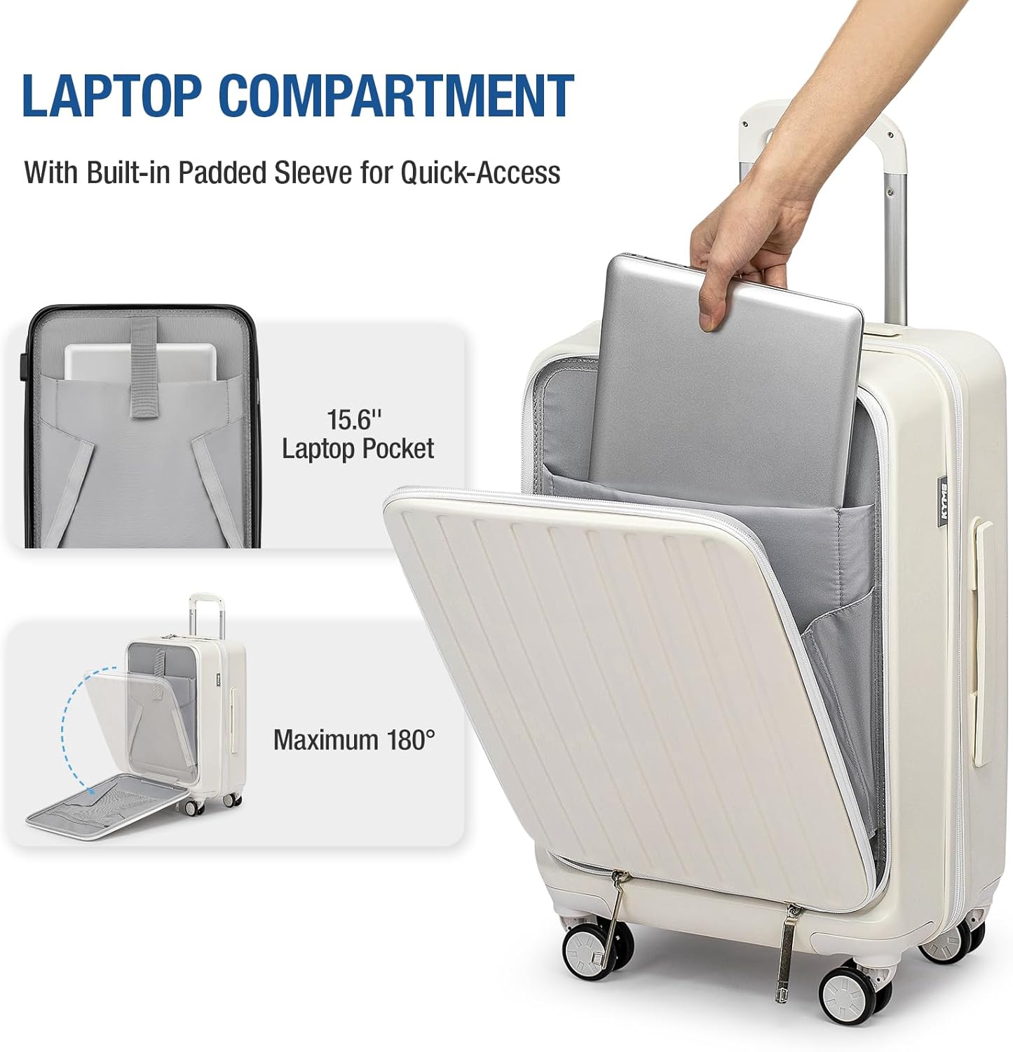 KYME 22-Inch Hardside Small Suitcase, 100% PC Hard Shell with Laptop Compartment, TSA Lock, Double Wheels for Men & Women, White