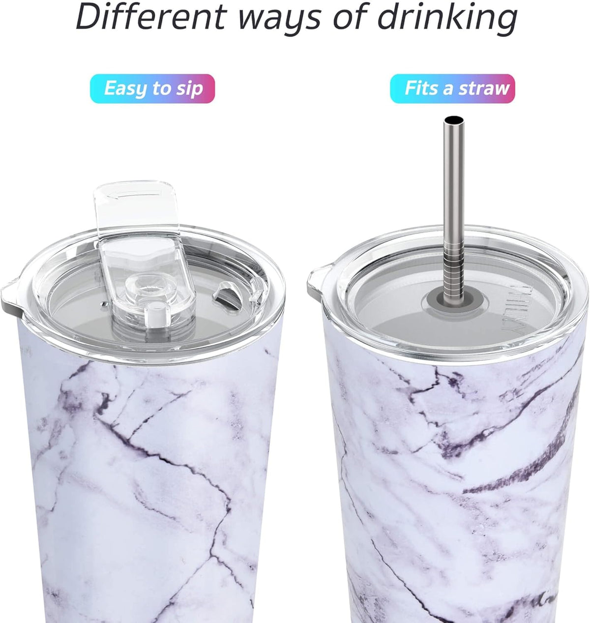 THILY Stainless Steel Vacuum Insulated Tumbler Travel Mug 26 oz Coffee Cup with 2 Lids and Straws, Splash Proof, Keep Ice Drinks Cold, White Marble
