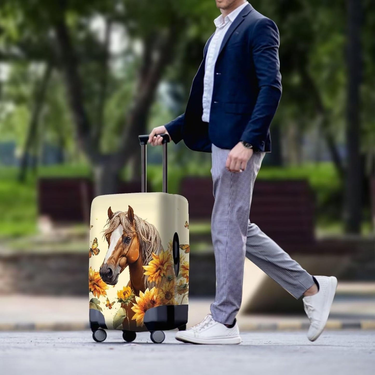Horse Luggage Cover Universal Zip Suitcase Covers Elastic Spandex Fabric Baggage Cover Protector Butterfly Luggage Covers for Suitcase Non-Slip Baggage Case Covers(Sunflower), 22-25 Inch