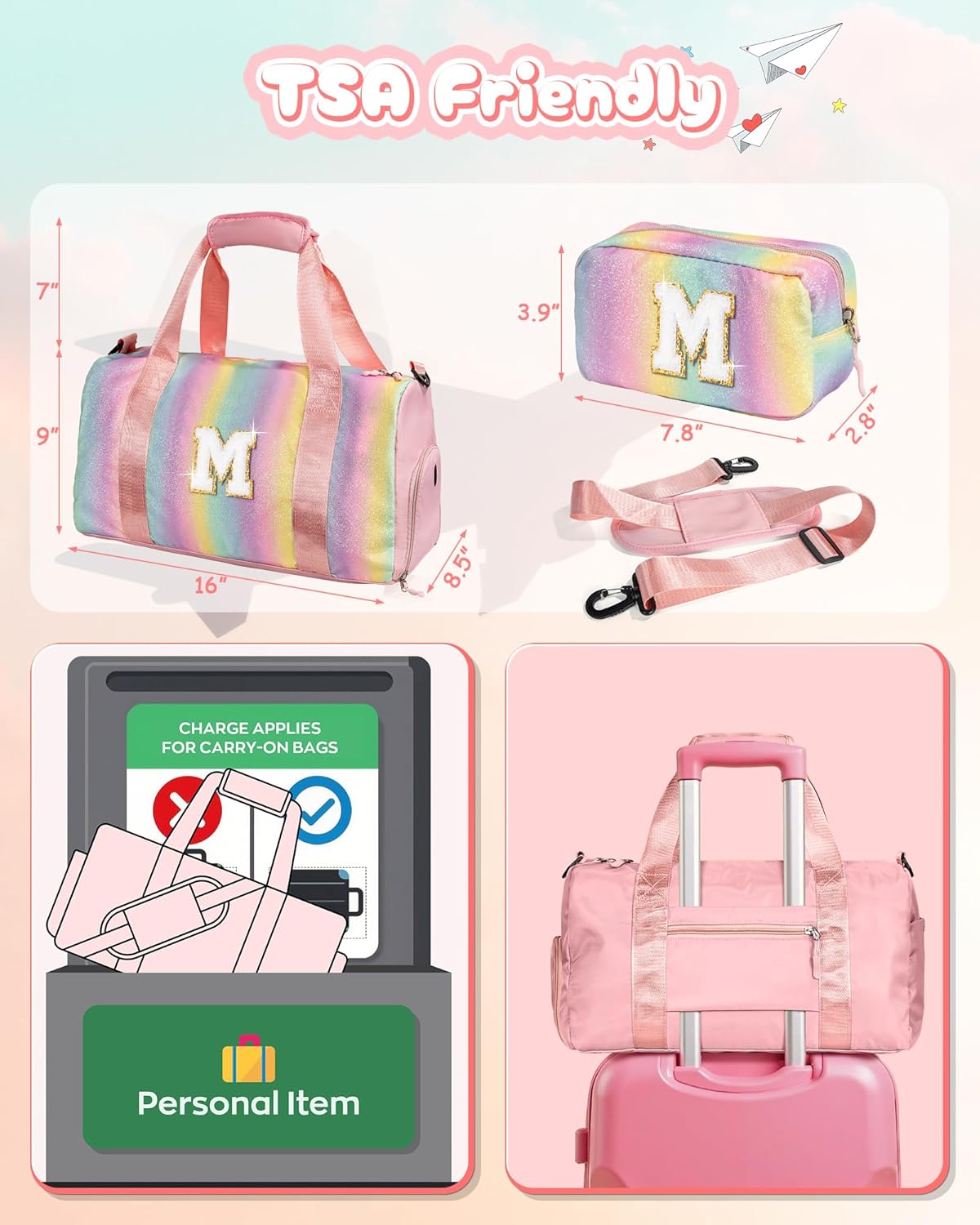 Easter Gifts for Teens Girls-Girl Gym Bag with Shoe Compartment, Kid Personalized Weekender Overnight Bags, Initial Travel Tote with Makeup Pouch, Gift for 3 4 5 6 7 Year Old Kids (Letter T)