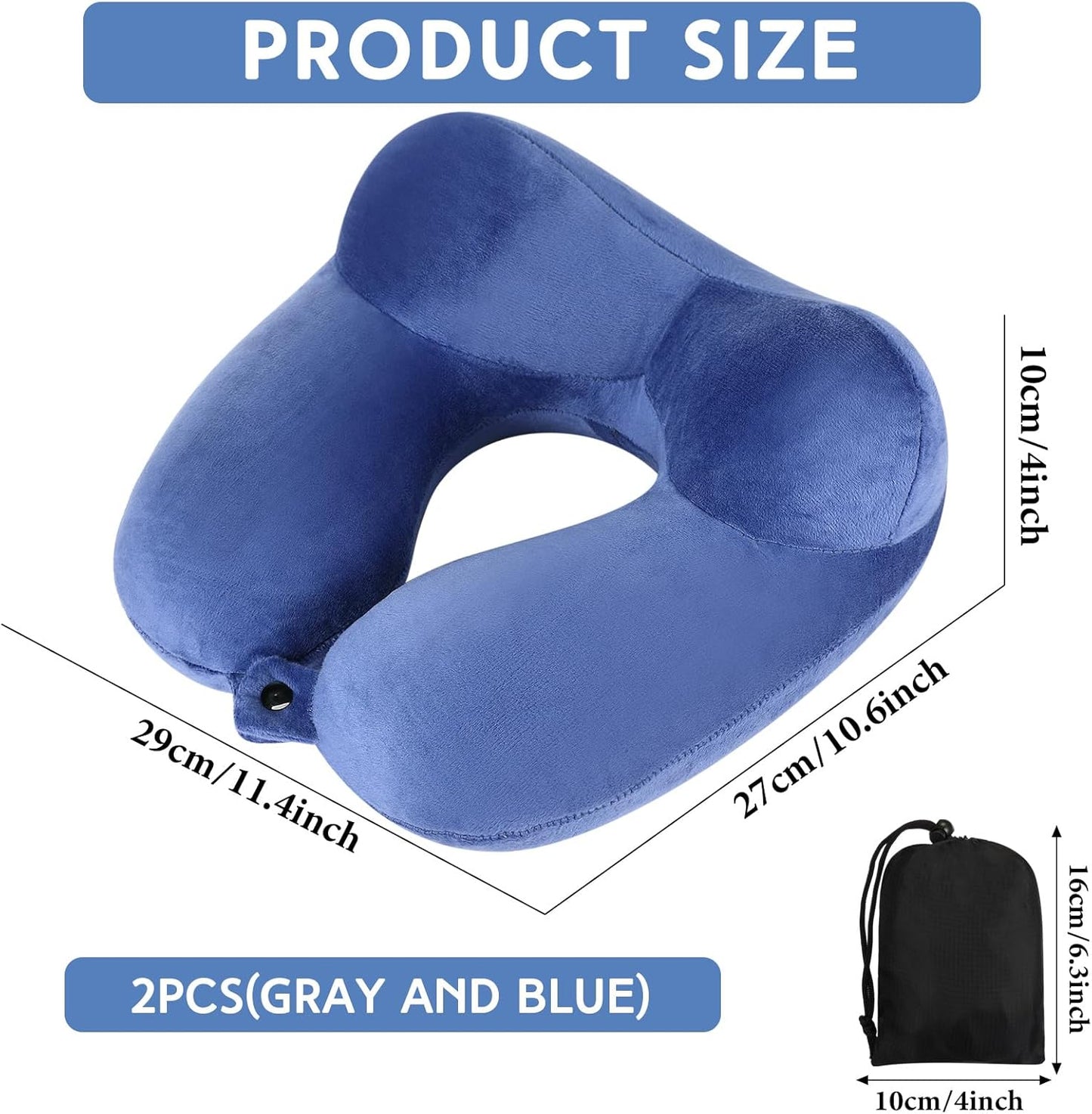 Sintuff 2 Pcs Inflatable Travel Pillow with Compact Bag and Blindfold Velvet Inflatable Neck Airplane Pillow Washable Cushion for Airplanes Flight Car Long Traveling Kids Adults Grey Blue