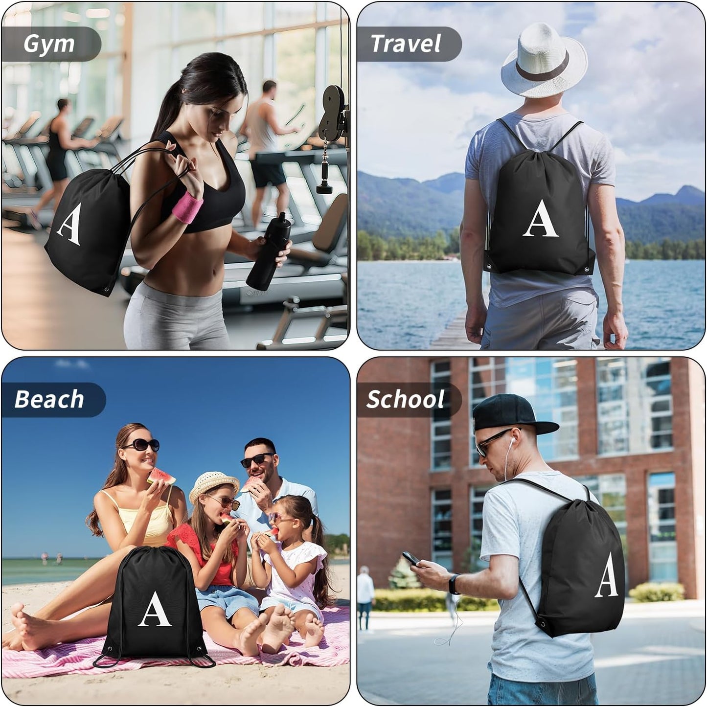 ZOMFELT 6Pcs Drawstring Backpack Drawstring Gym Bags, Foldable Draw String Backpack with Multiple Colors and Letters, Lightweight Polyester Cinch Bag for Gift, Beach, Sports, Travel, Swim (Letter A)