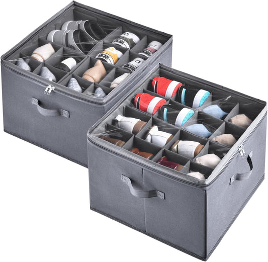 2 Pack Shoe Organizer for Closet,Fits up to 32 Pairs,Adjustable Dividers for Shoe Storage,Fabric Shoe Storage Bins with Clear Cover,Grey