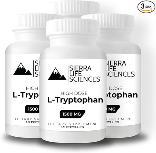 1500mg High Dose L-Tryptophan Max in Easy-to-Swallow Capsules | Gluten-Free, Non-GMO (Travel Size, 15 Count (Pack of 3)
