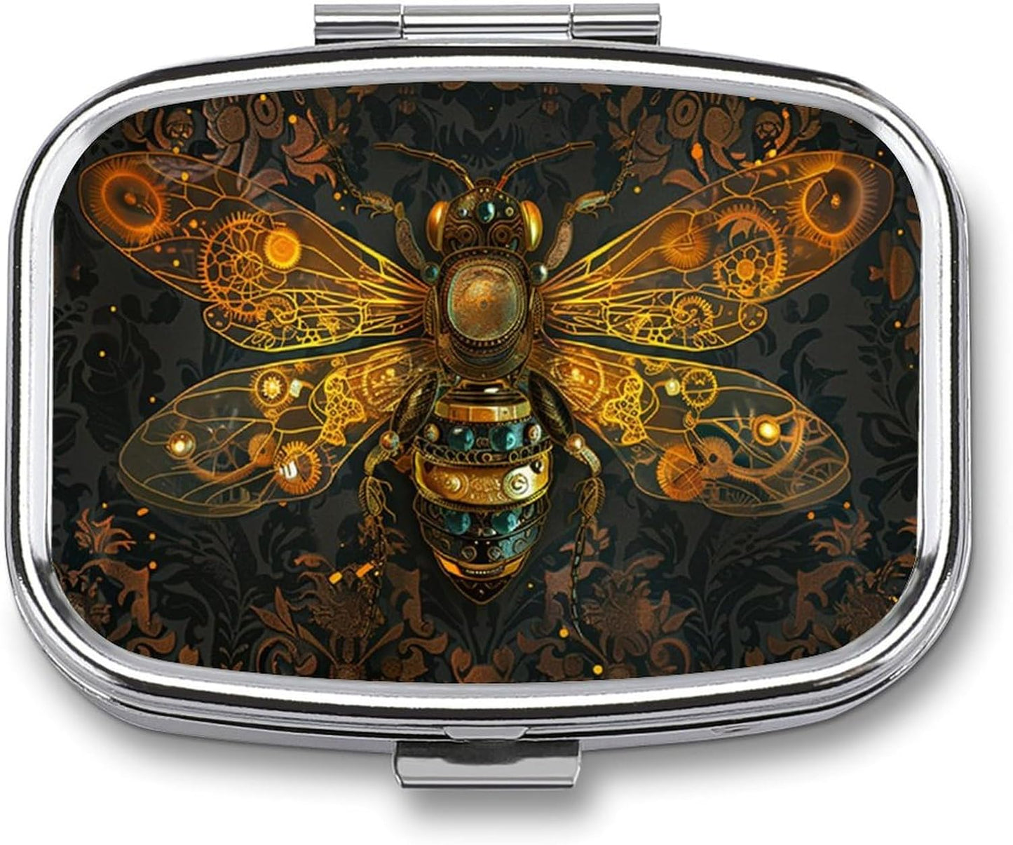 Metal 2 Compartment Pill Organizer Travel Friendly Portable Compact Pill Box Cute Pill Case to Hold Vitamins,Fish Oil,Supplements,Meds,Tablet for Purse,Pocket. (Bee)