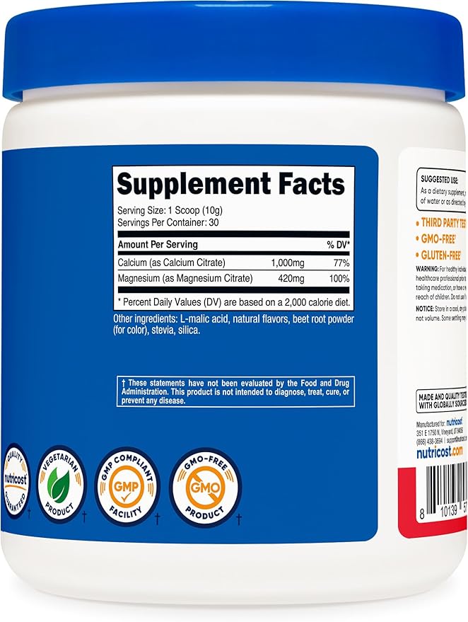 Nutricost Calcium Magnesium Powder (Fruit Punch, 30 Servings) - Bone Support, Non-GMO, Gluten Free (from Calcium Citrate and Magnesium Citrate)