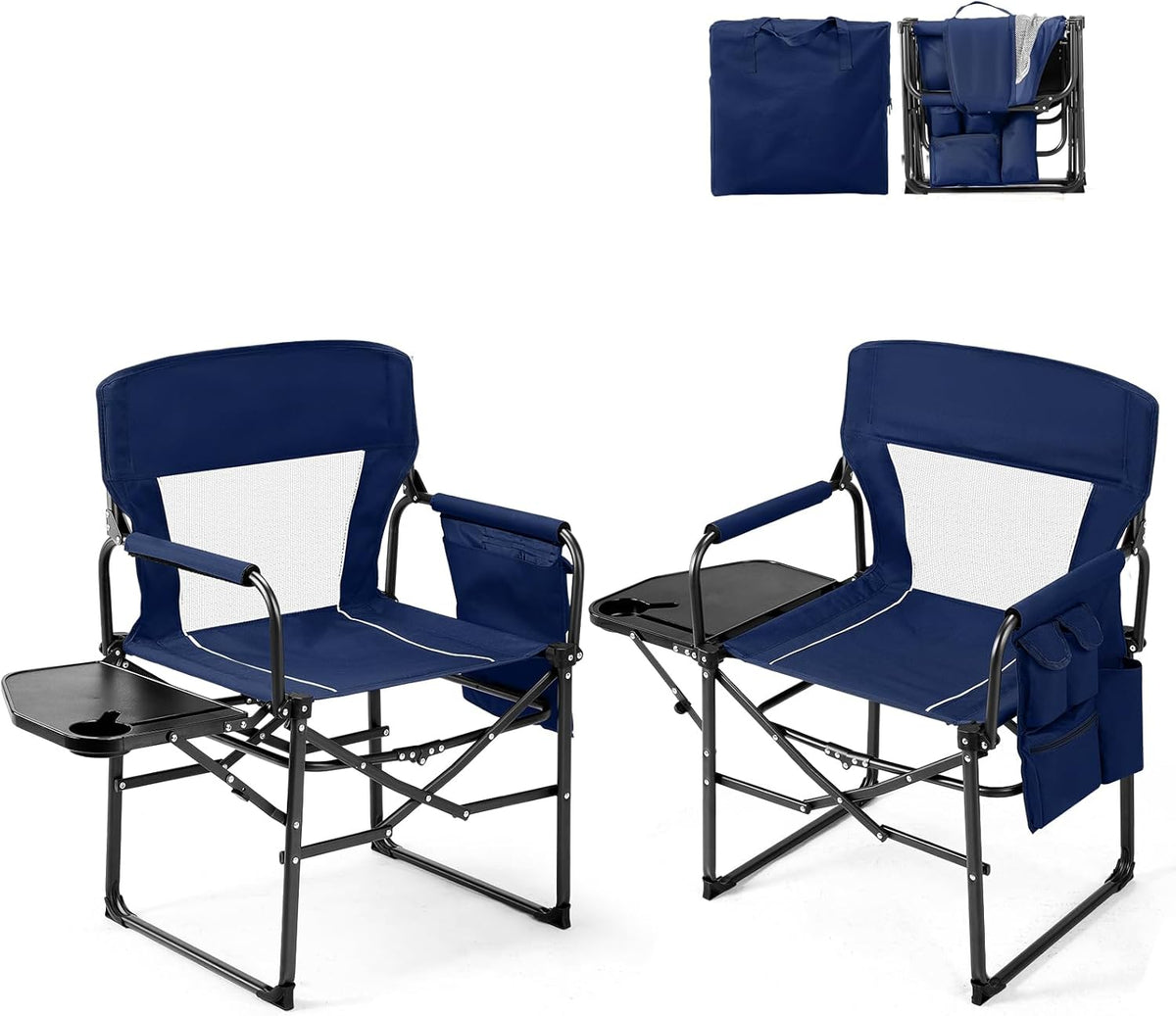VINGLI Camping Chairs, Directors Chair, Camping Chair with Side Table & Carry Bag，Heavy Duty Camping Chairs for Adults,Portable Folding Camping Chair 2 Pack, for Beach, Fishing,Trip,Picnic,Lawn-Blue