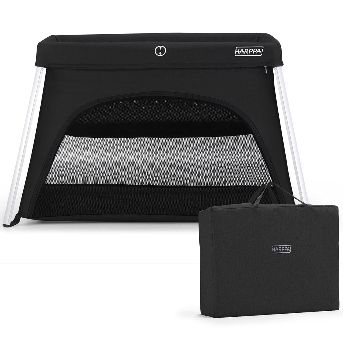 HARPPA Travel Crib with Comfy Mattress, Lightweight Portable Crib Requires No Assembly, Foldable Pack and Play for Baby and Toddlers, Compact Play Yard with Bed,Black