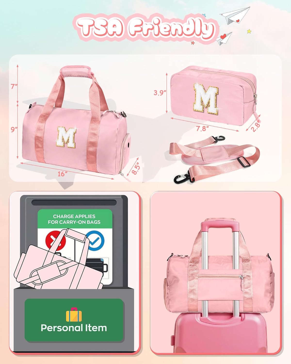 Ballet Dance Gifts for Little Girls-Girl Gym Bag with Shoe Compartment, Kid Weekender Ballet Bags, Initial Travel Tote with Makeup Pouch, Preppy Things for Kids Girls (Letter E)