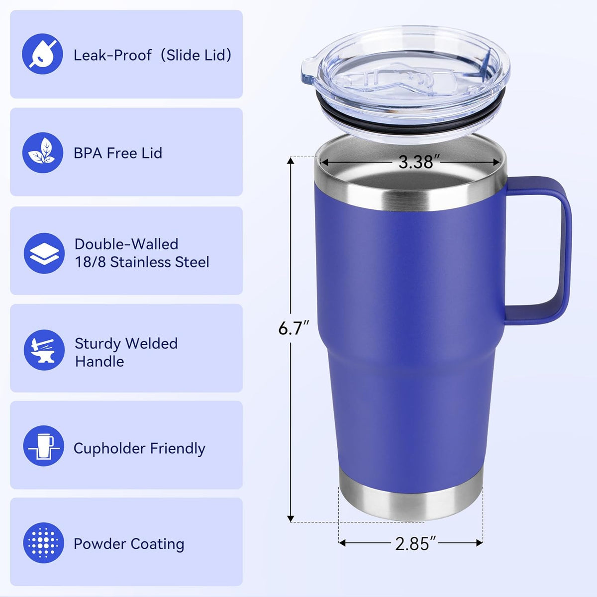 HASLE OUTFITTERS 20oz Tumbler Bulk with Lid, Stainless Steel Tumbler Bulk with Handle, Metal Insulated Travel Coffee Mug Set with Handle, Double Wall Vacuum Leak Proof Tumbler Cup, Blue 12 Pack