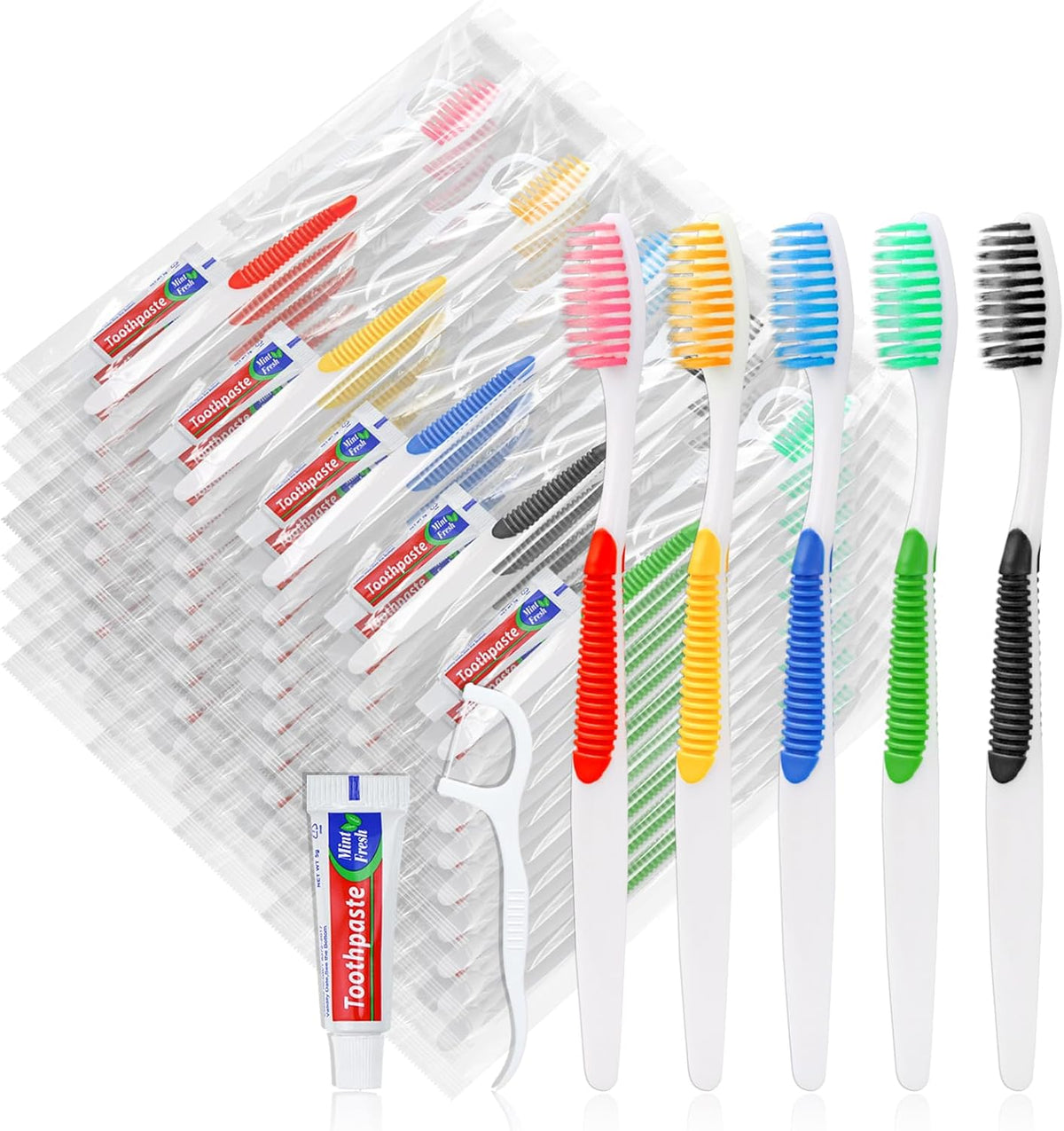 Disposable Toothbrushes with Toothpaste and Floss,30pcs Single Use Individually Wrapped Disposable Travel Toothbrushes and Dental Floss Kit Bulk for Homeless,Airbnb,Dentist,Hotel(5 Colors)