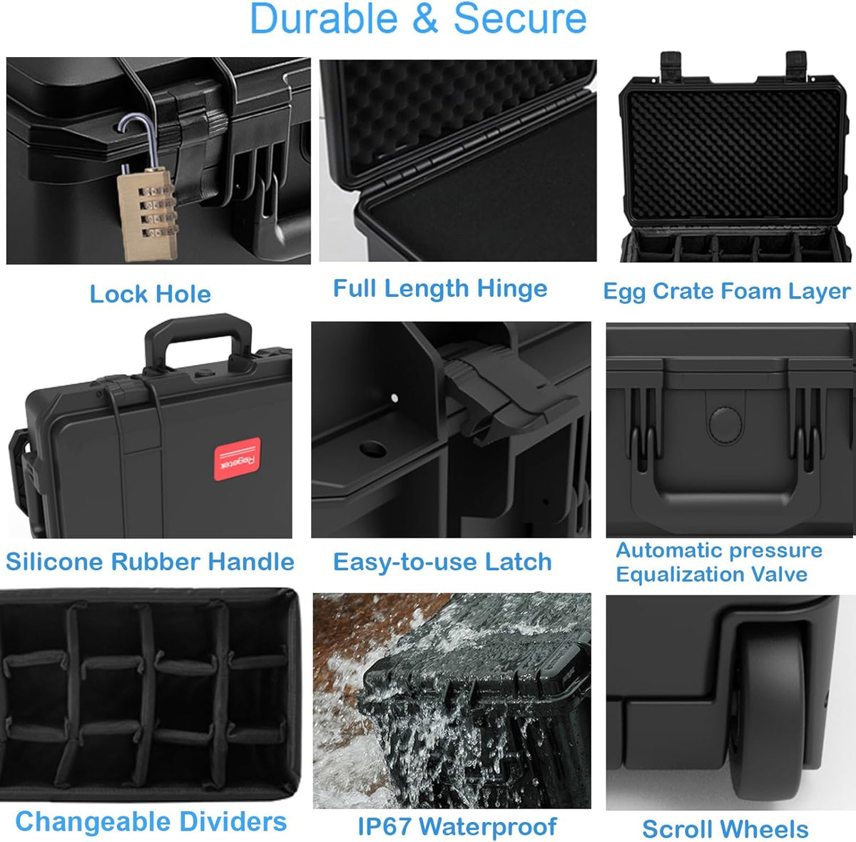 Waterproof Travel Camera Hard Case with Padded Divider, 22 x 14 x 10 Inch, Rolling Case for Camera, Gear, Equipment, Dustproof, Shockproof,Airline Carry-On Approved, Inner 19.8"x 10.9" x 6.8"