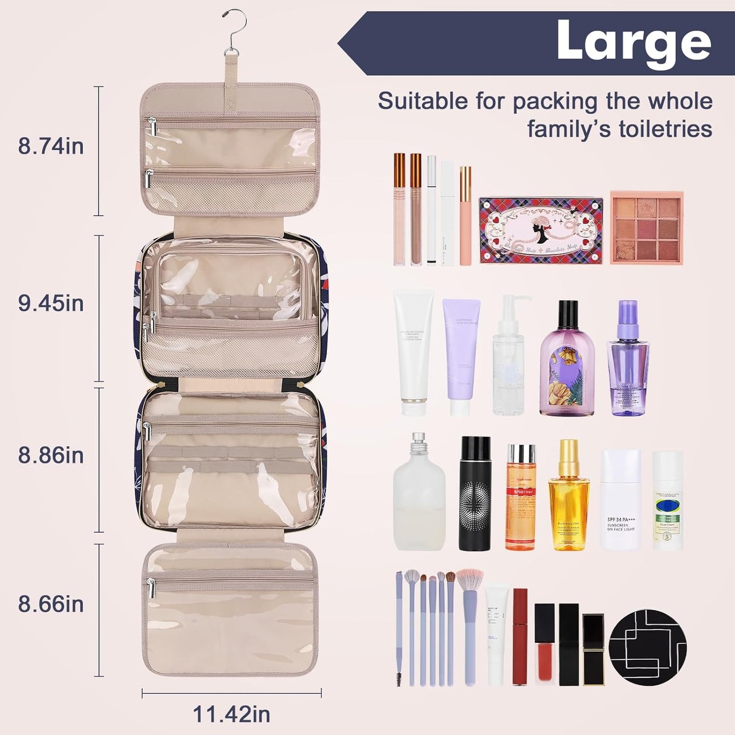 Wedama Toiletry Bag for Women, Large Cosmetic Travel Bag, Hanging Toiletry Bag for Bathroom, PVC Waterproof Makeup Bag, Toiletries Bag for Travel Business Trips and Camping, Blue+White Floral
